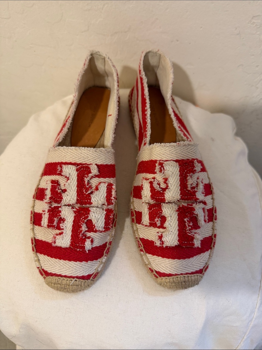 Tory Burch Red and Cream Striped Espadrille Slip-On